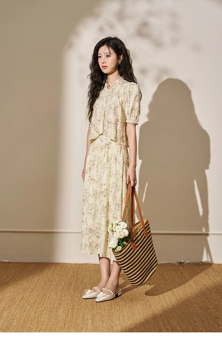 Mishow Chinese Embroidered Puff Sleeve Top & A-Line Skirt Set MXD24X1405