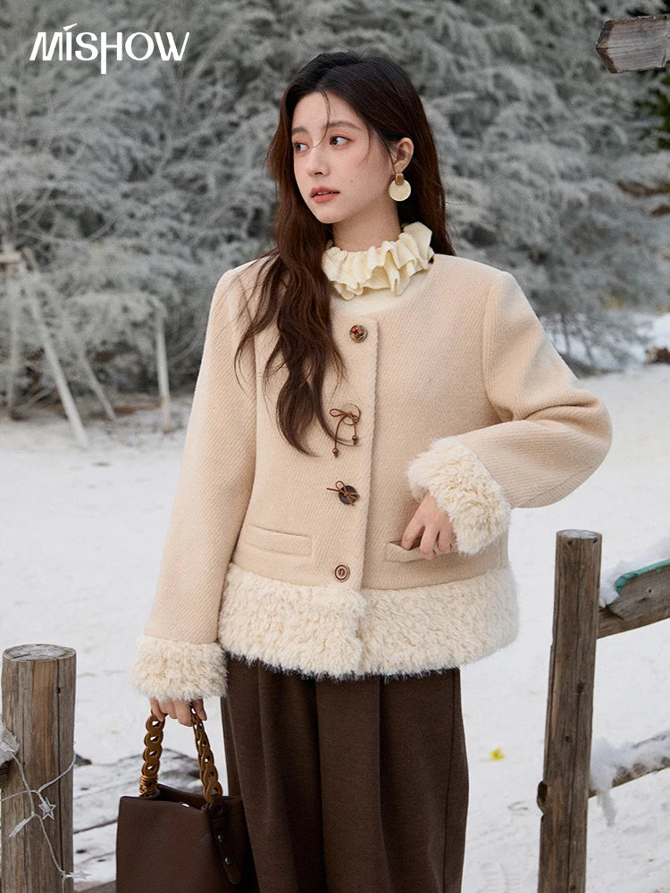 Mishow Retro Apricot Wool Plush Splicing Short Coat MXE92W0998