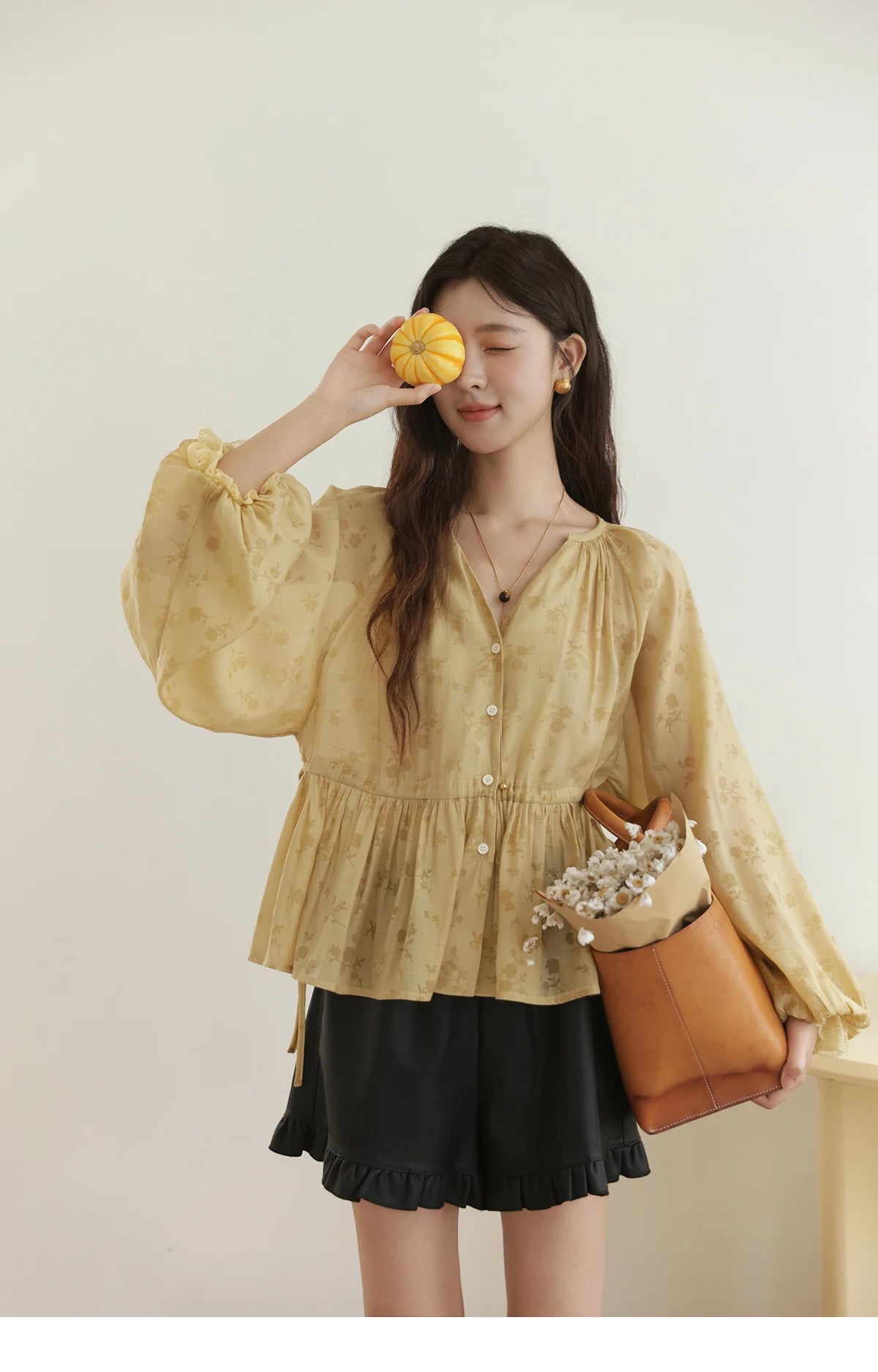 MISHOW Yellow Print Shirt Lantern Sleeve Drawstring Waist MXE45X2499