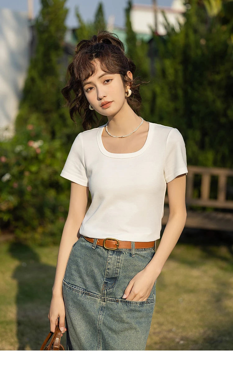 Mishow Solid Square Neck Cotton Tee MXC12T0641