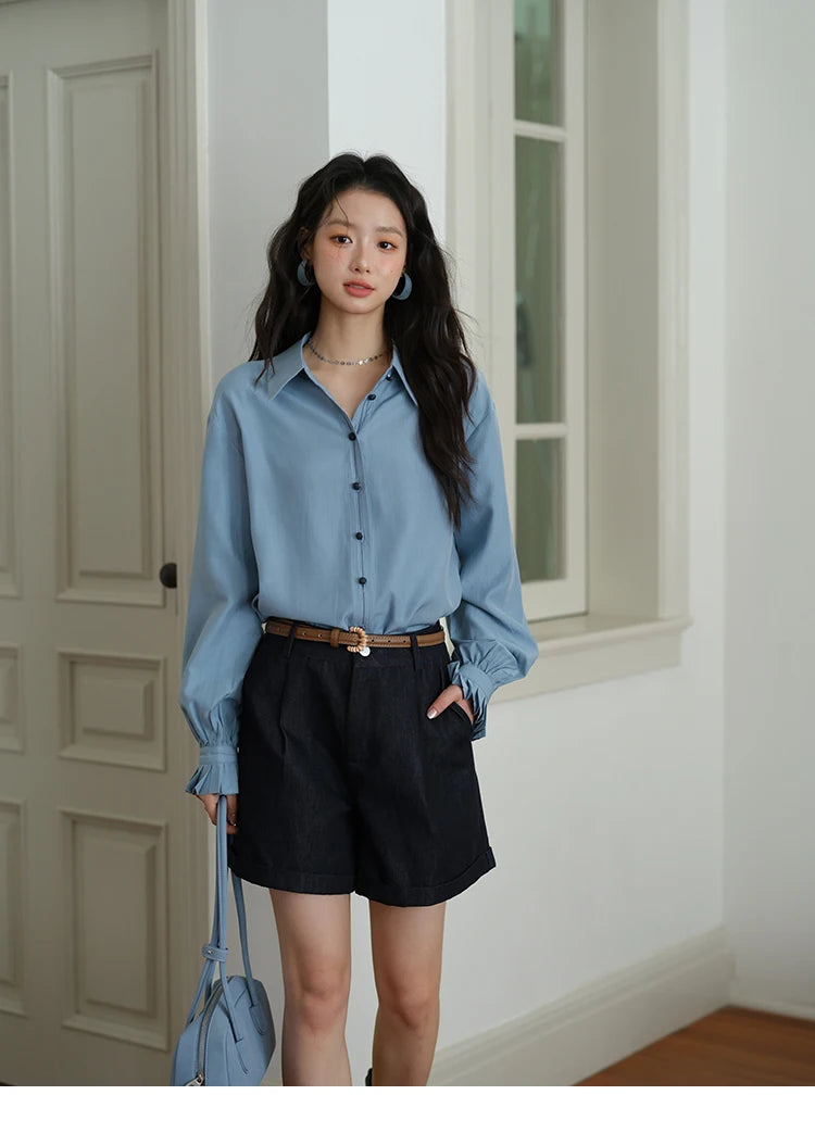 MISHOW Women's Color Block Shirt Pleated Cuffs Lapel Top MXE41C2352