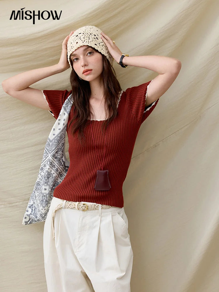 Mishow Office Lady Lace Collar Contrast Hook Top MXE33Z1218
