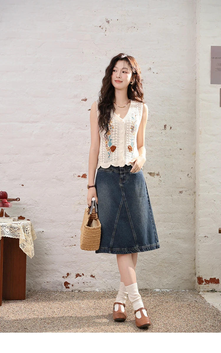 MISHOW Denim Fishtail Skirt Love Embroidered Pockets A-Line MXD28B0414