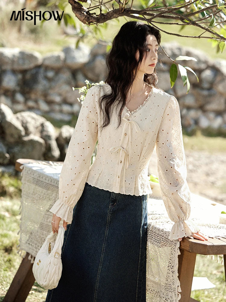 MISHOW Women's 100% Cotton Lace Shirt V-Neck Waist Elastic Cuffs MXE12X1710