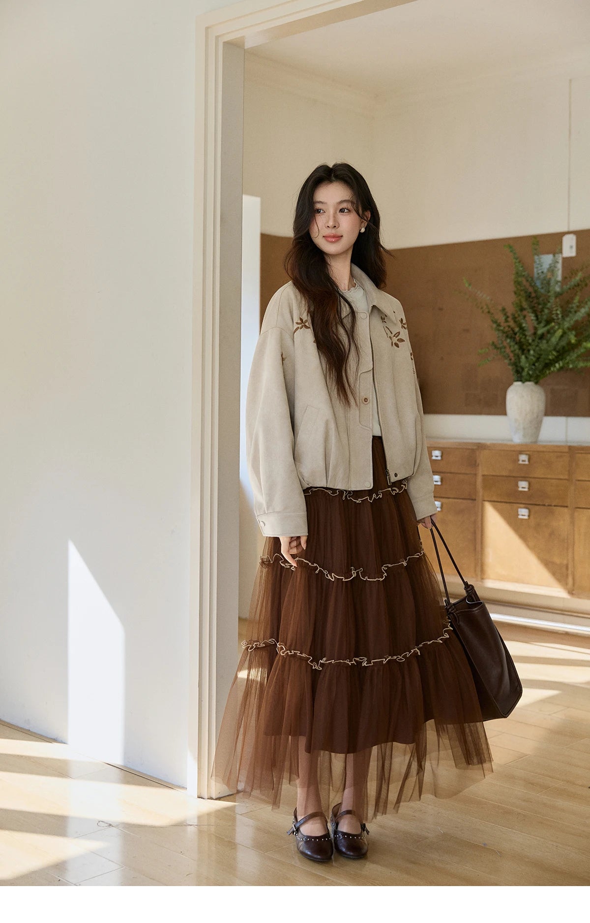 MISHOW Imitation Suede Jacket Floral Embroidery Lapel Zipper MXF11W1027