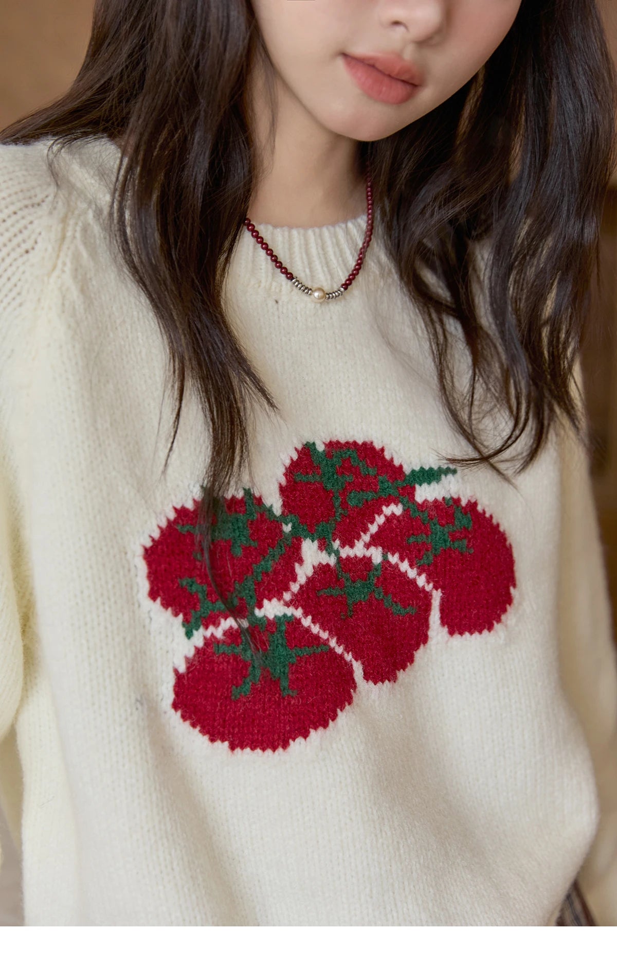 Mishow Off-White Tomato Jacquard Loose Pullover MXE51Z2692