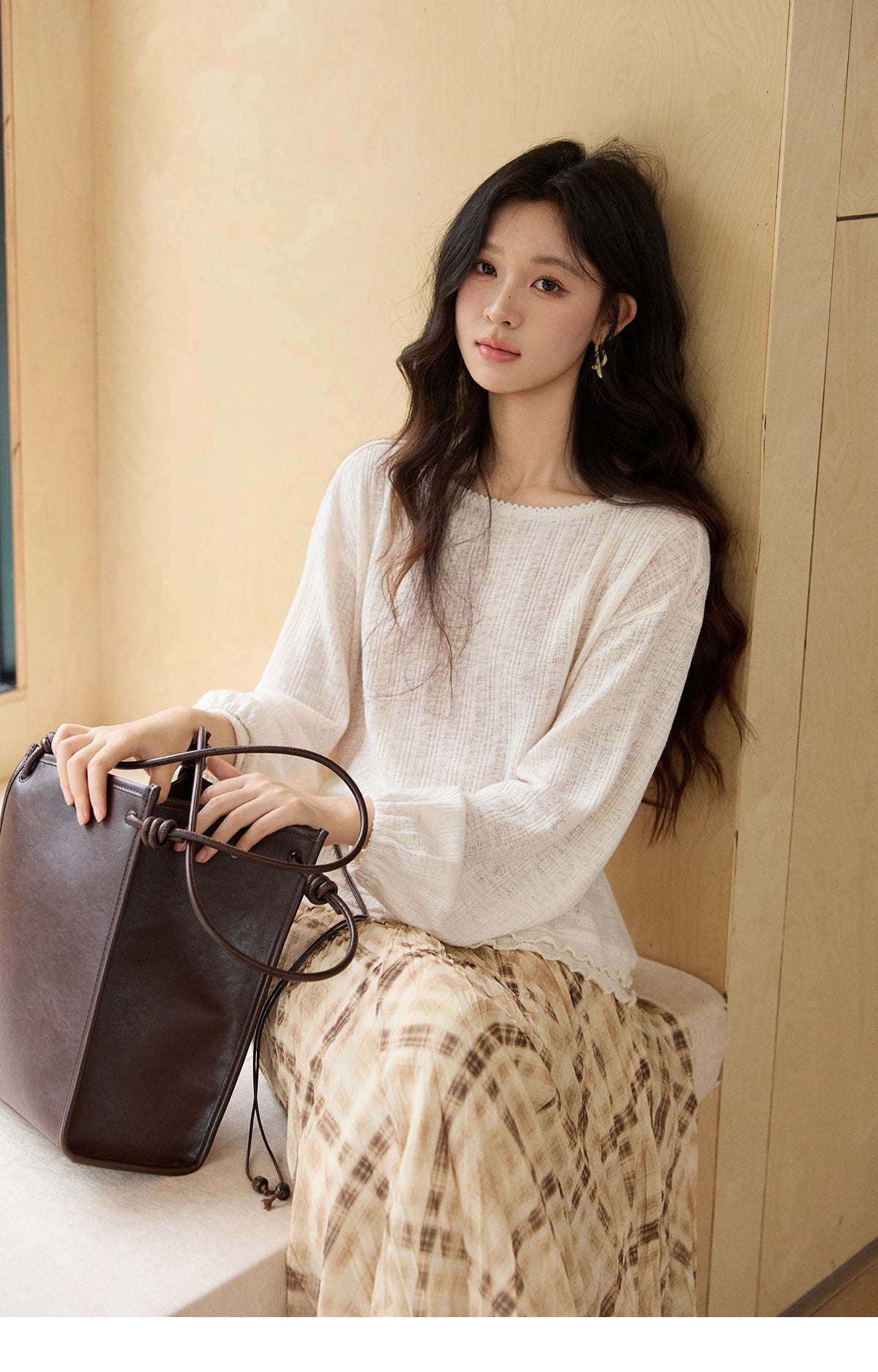 Mishow Lace Trim Boat Neck Knit Top with Belt MXF13Z3002