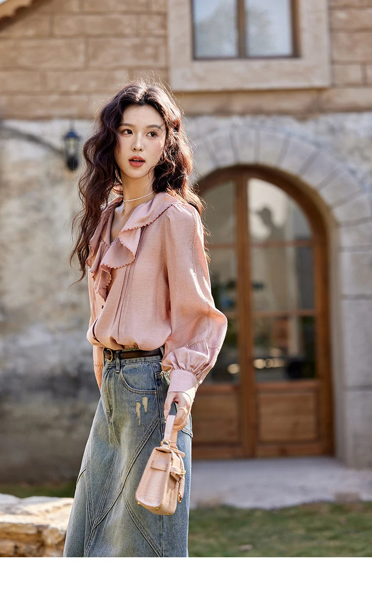 MISHOW Lotus Leaf Collar Shirt Bubble Sleeves Pink Chiffon MXE12X1702