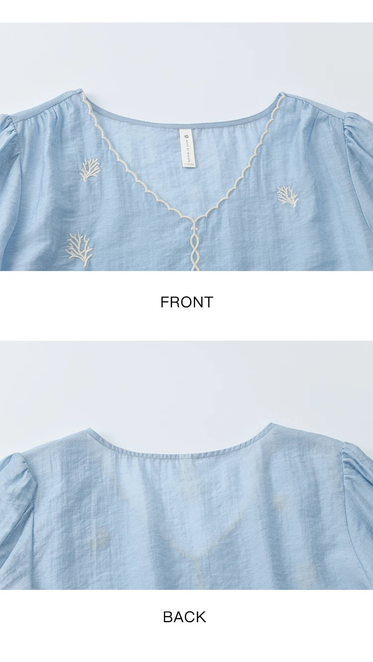 MISHOW Coral Embroidery Blouse V-Neck Puff Sleeve MXE37X1850