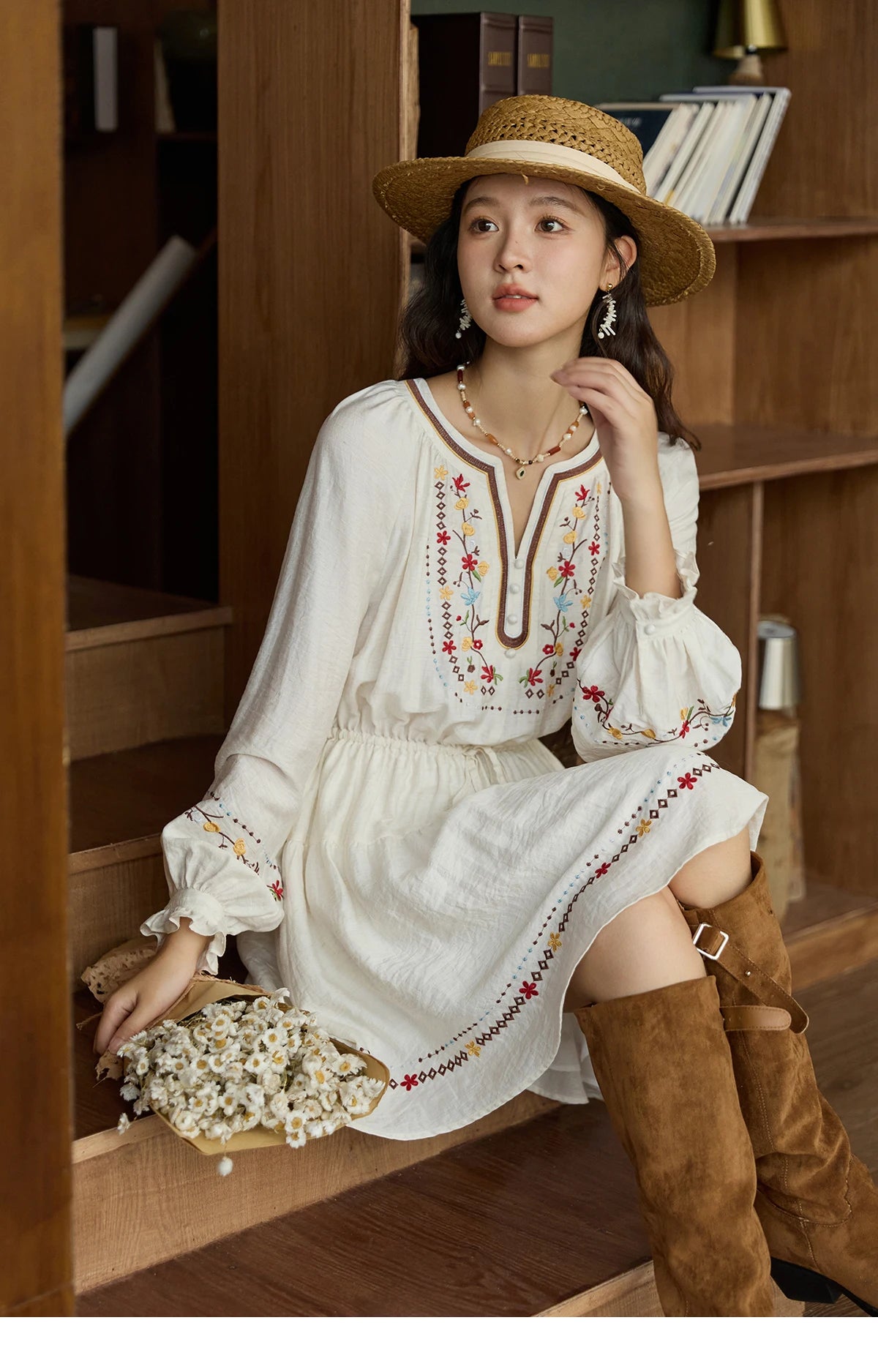 Mishow V-Neck Embroidered Drawstring Bohemian Dress MXE44L2489