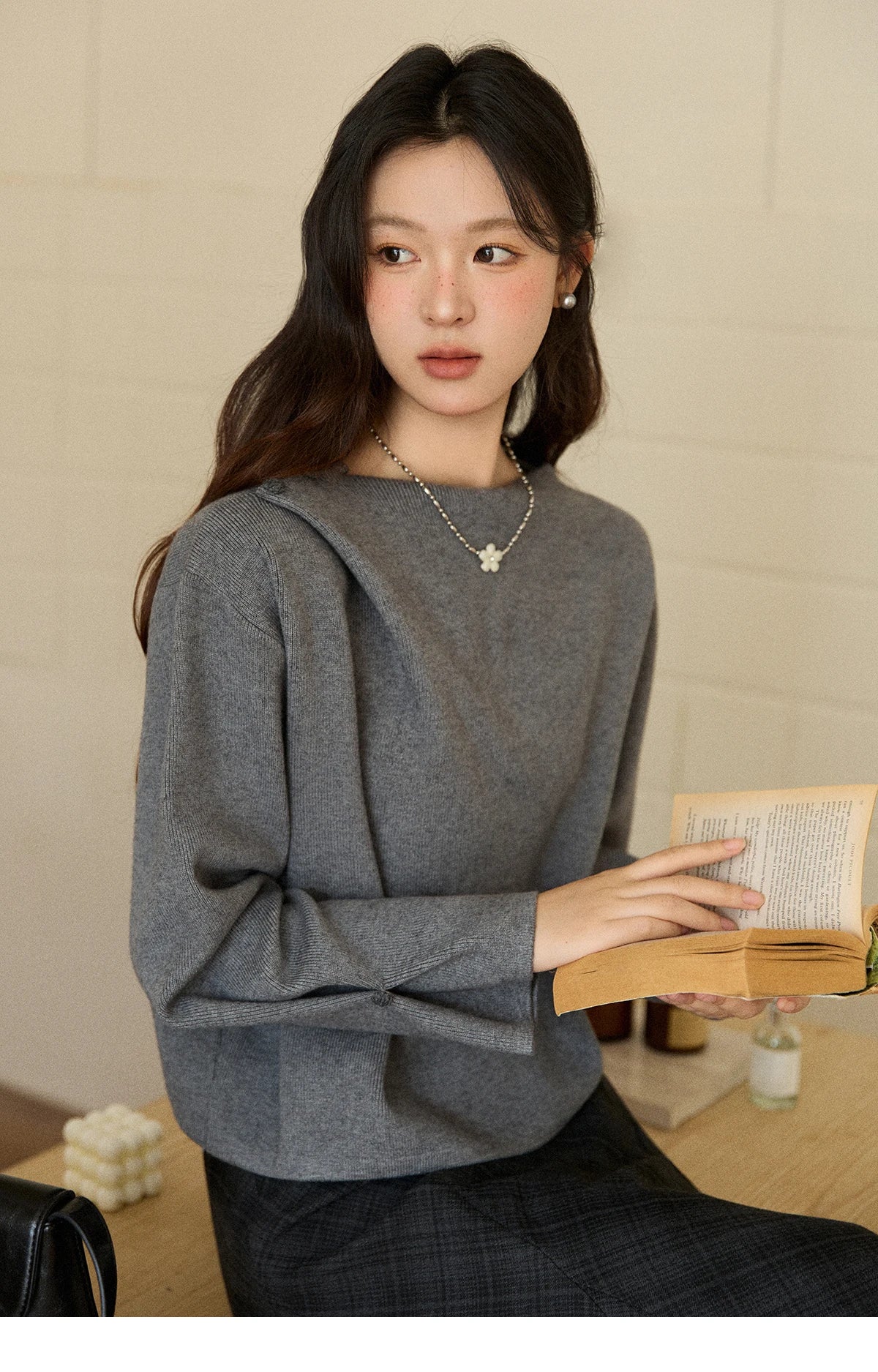 Mishow Gray French Diagonal Placket Knit Pullover MXE86Z2744