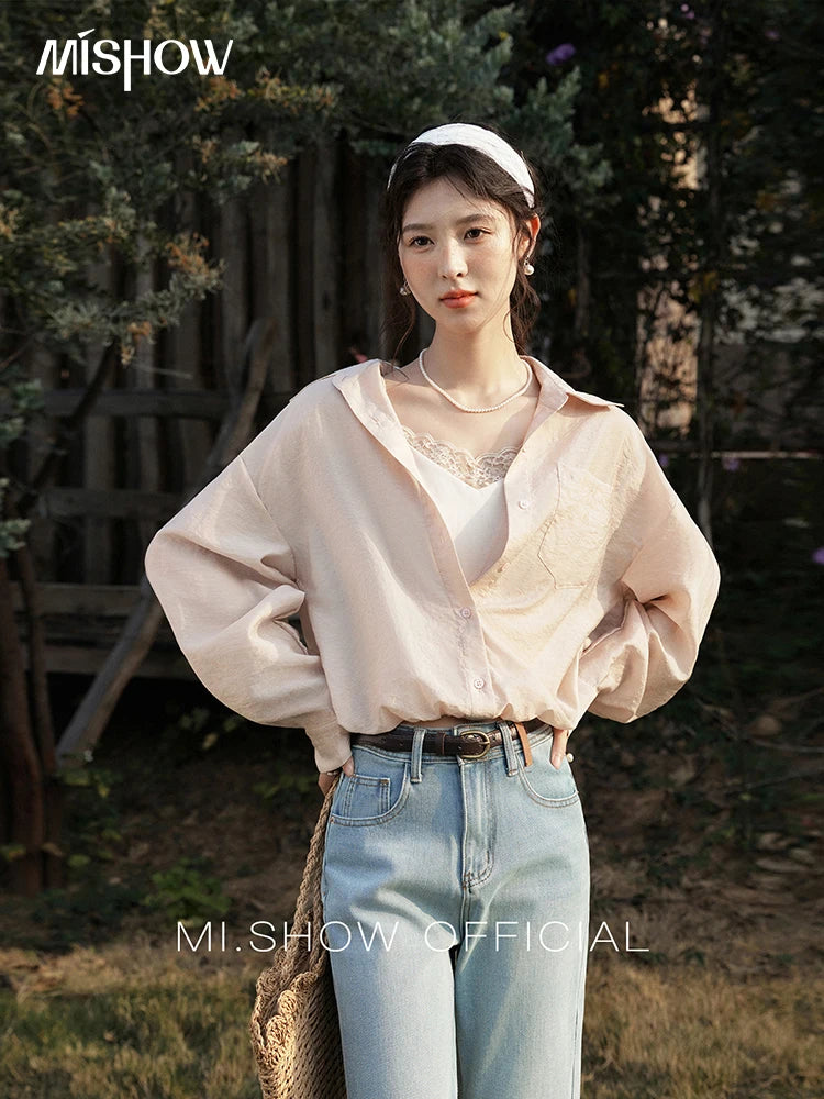 MISHOW Fake Two-Piece Blouse Turn-Down Collar Long Sleeve MXE16C0777