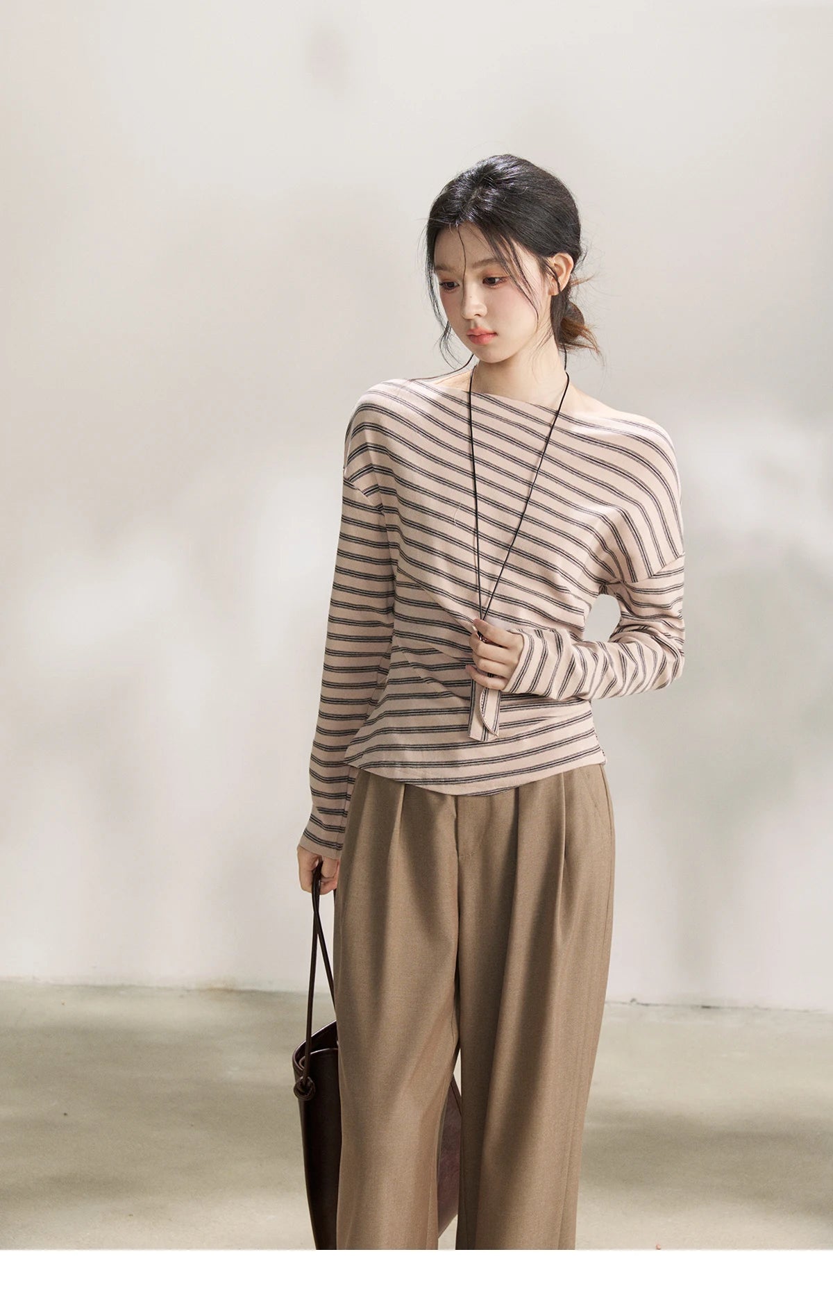 Mishow Striped Boat Neck T-Shirt with Necklace MXF13T1514