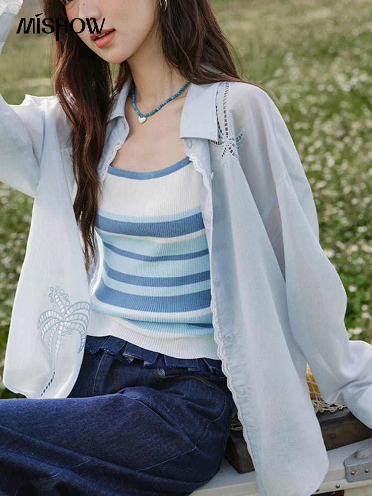MISHOW Blue Hollow Embroidery Blouse Long Sleeve MXE31C0775