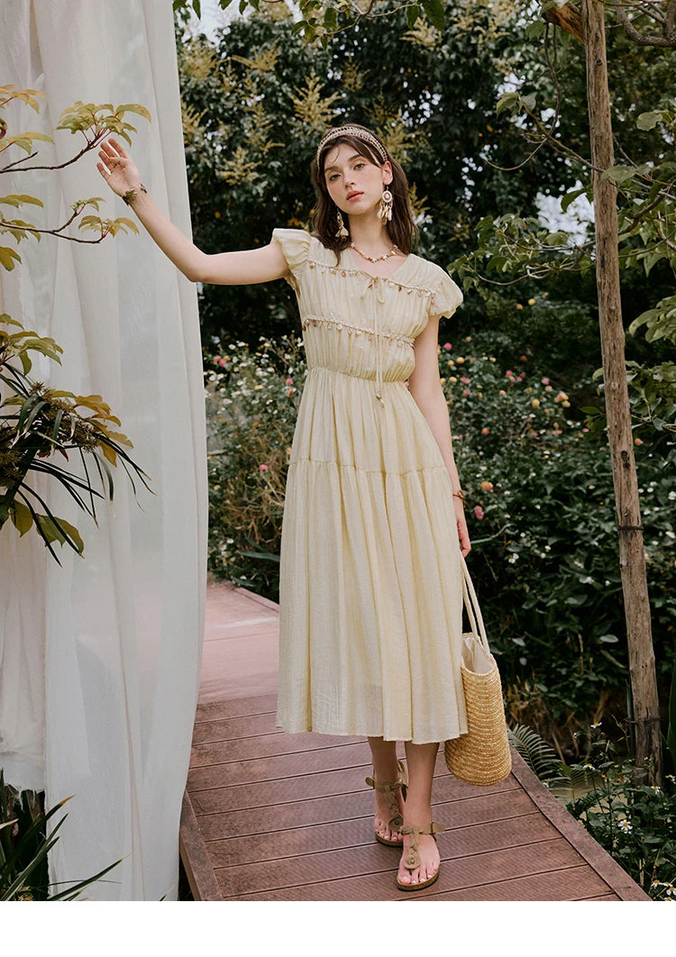 Mishow Solid V-Neck Puff Sleeve Shell Ribbon Dress MXE33L2193
