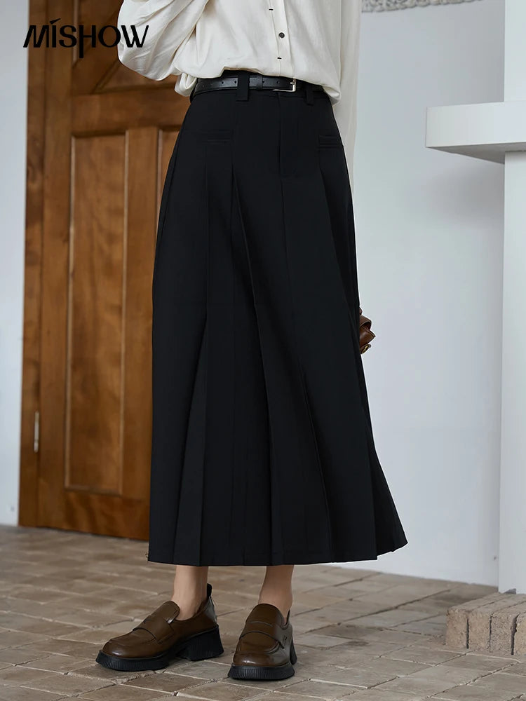MISHOW Pleated Midi Skirt A-LINE Pockets Split Back Hem MXC42B0118