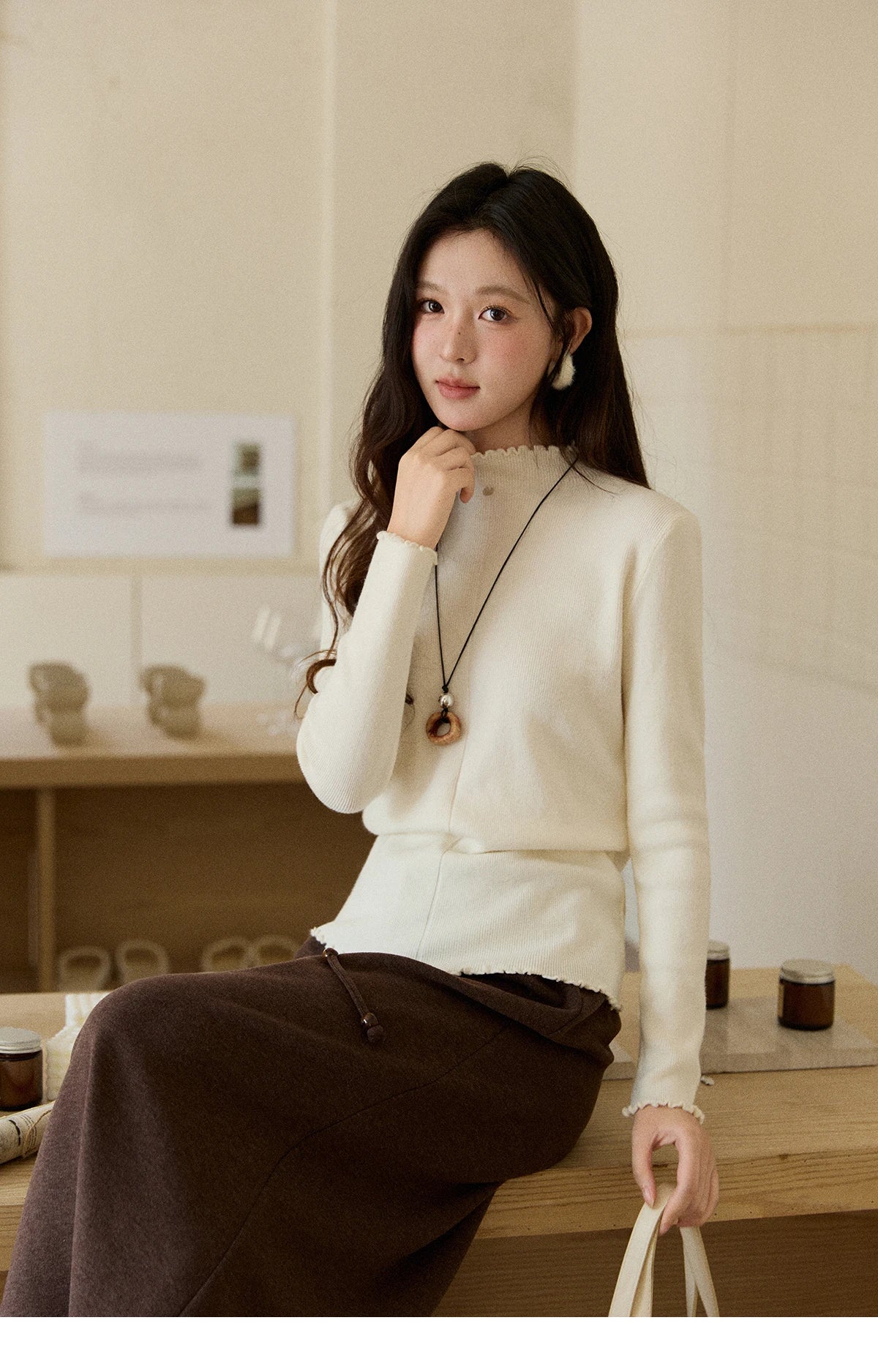 Mishow Ruffled Turtleneck Slim Knit Top MXE91Z2826