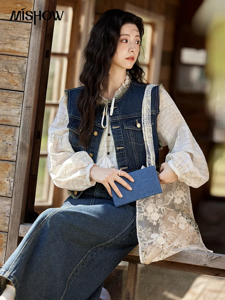 Mishow Raw Edge Round Neck Denim Vest MXE12W0710