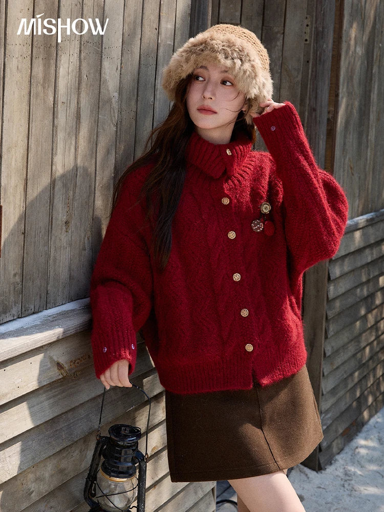 Mishow Red Cable Knit Stand Collar Cardigan MXE92Z2827
