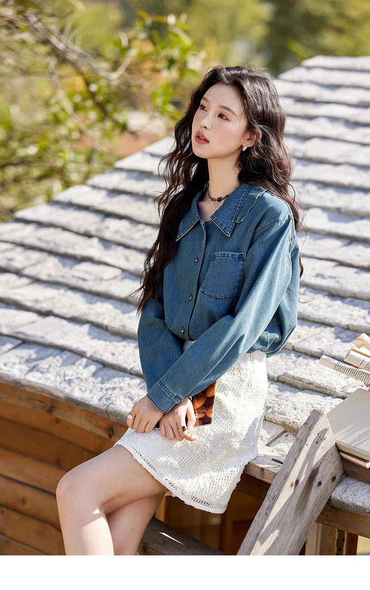 MISHOW Washed Denim Shirt Double Layered Patchwork Collar Metal Buckle MXE12C0751