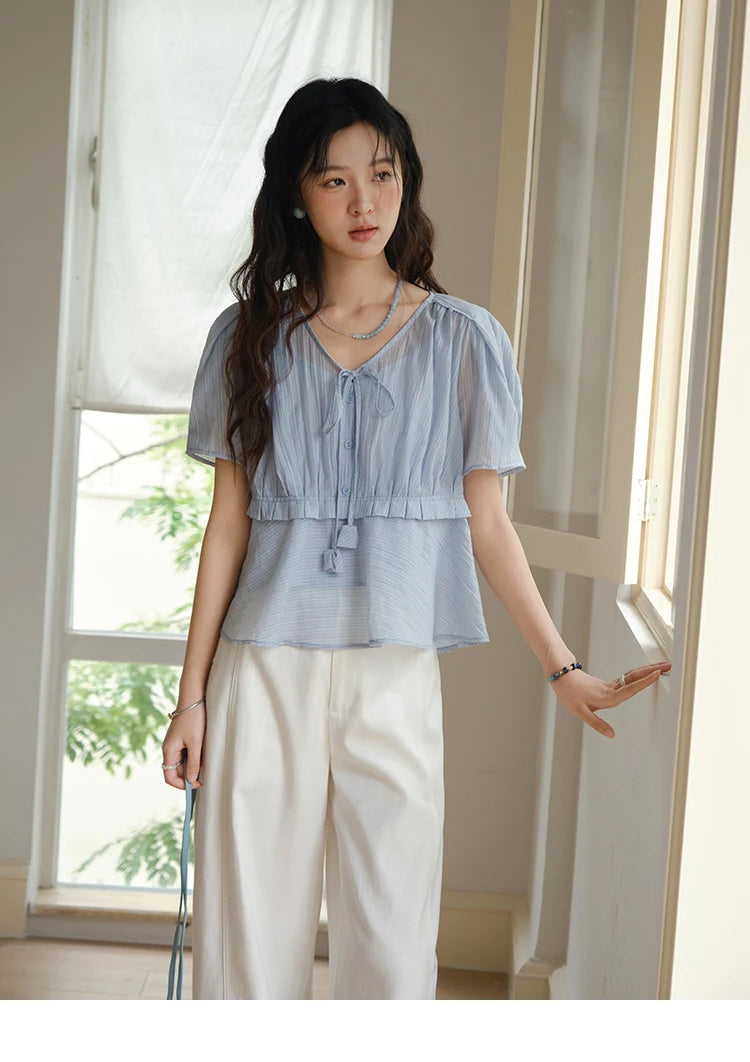 MISHOW V-Neck Blouse Splicing Button Lace Up Short Sleeve MXE34X1821