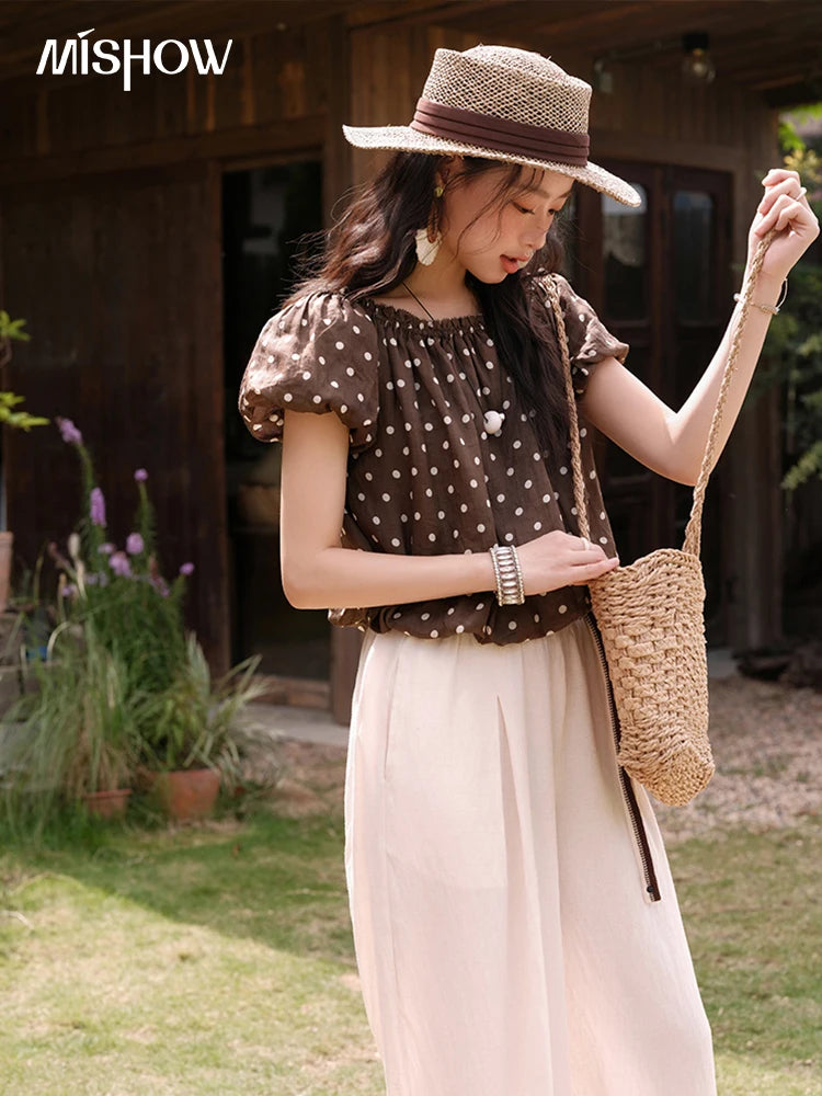 Mishow Polka Dot One Shoulder Puff Sleeve Top & Wide Leg Pants Set MXE38T0683