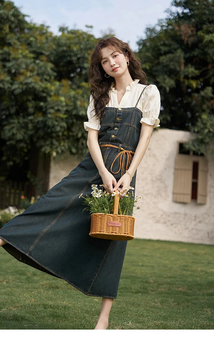 MISHOW Denim Suspender Dress & Puff Sleeve Blouse Set MXD21L1664