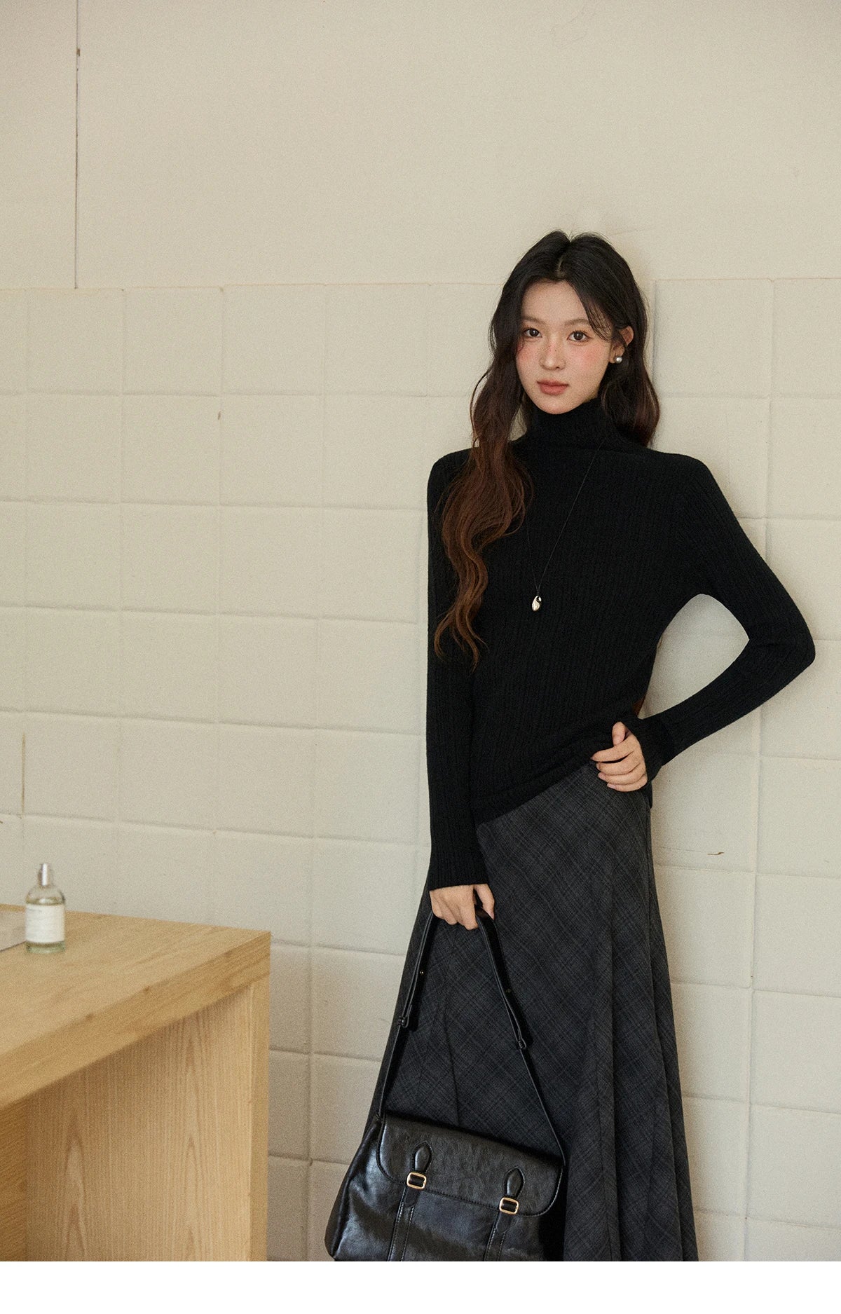Mishow Solid Turtleneck Vertical Ribbed Slim Top MXE86Z2656
