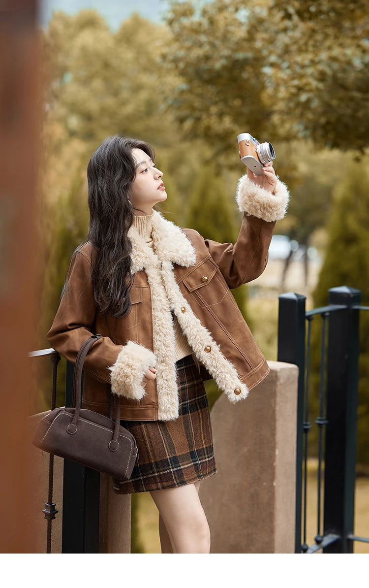 Mishow Leather Fur Lamb Wool Spliced Jacket MXD56W0538