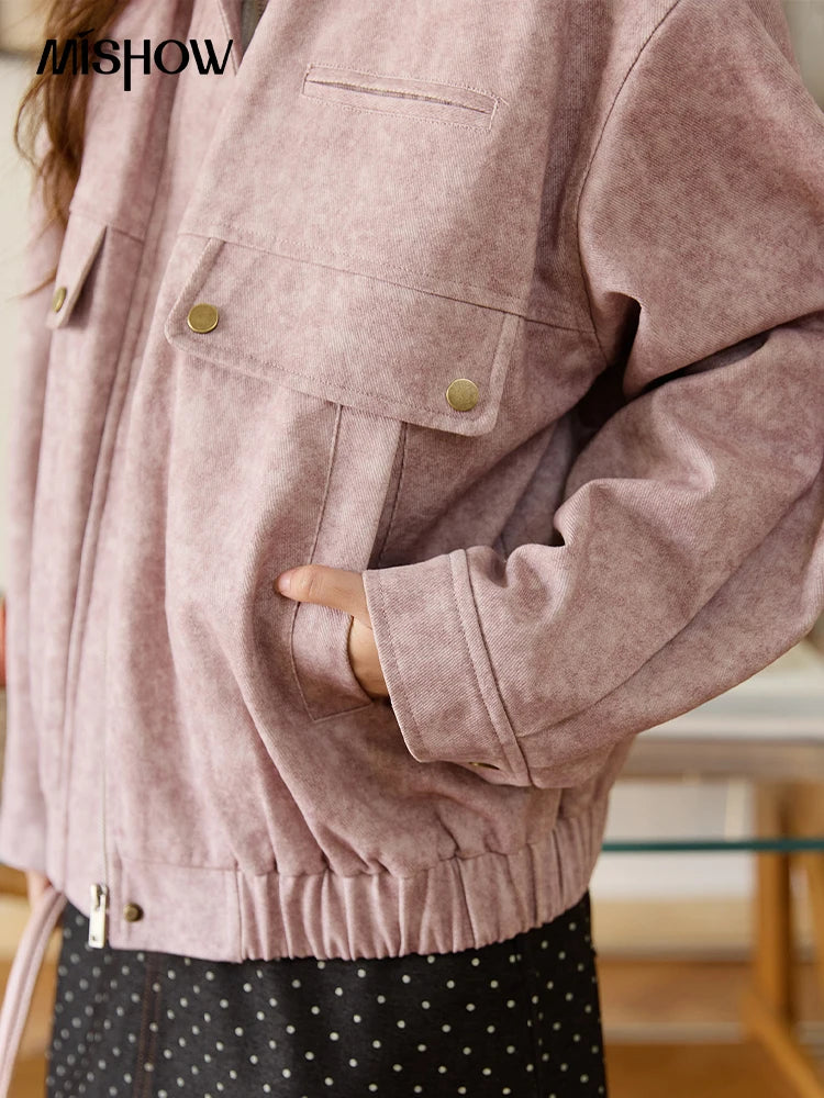 MISHOW Pink Purple Collision Lapel Jacket Suede Metal Zipper Elastic Hem MXE46W0865