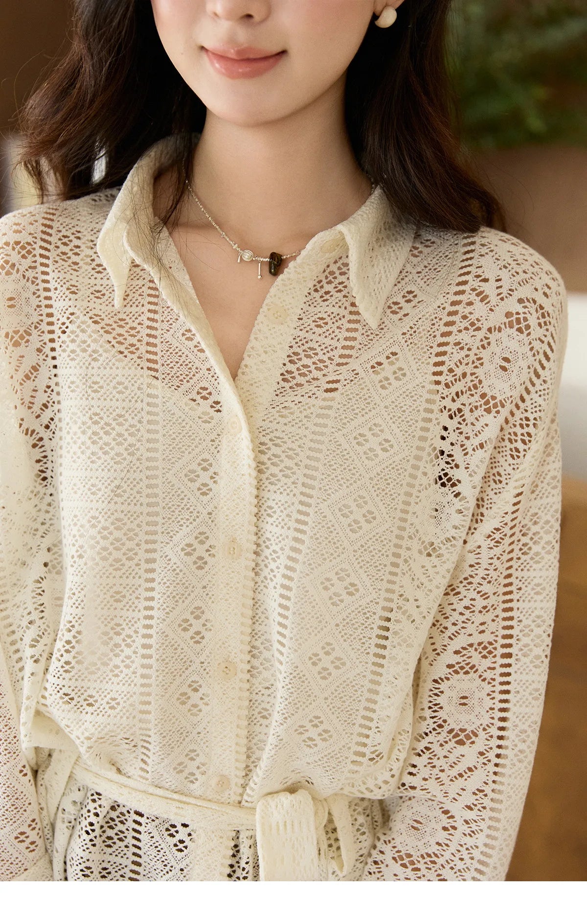 MISHOW Hollow Lace Shirt Camisole Set Drawstring Waist MXF108C0816