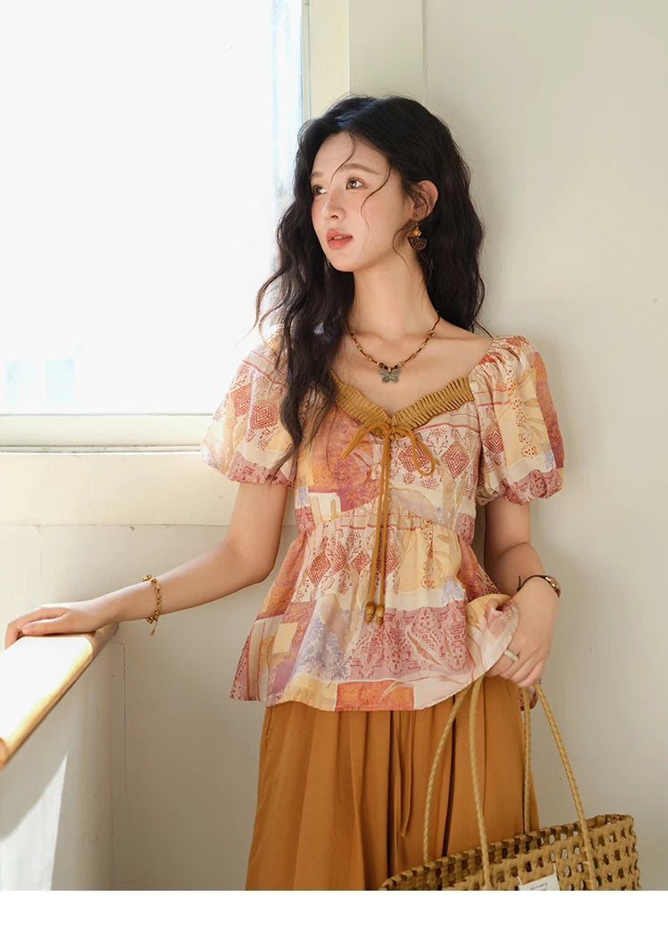 MISHOW V-Neck Lace Up Patchwork Blouse Puff Sleeve Floral Print MXE38X1911