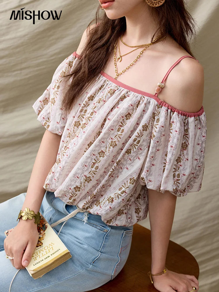 MISHOW One-Shoulder Floral Blouse Short Sleeve Contrast MXE31X1767