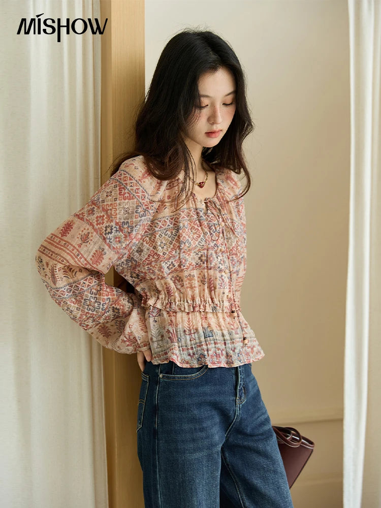 MISHOW National Style Printed Blouse Round Neck Drop Sleeve MXE47X2508