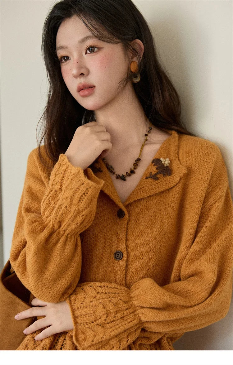 Mishow Orange Openwork Crochet Flared Sleeve Cardigan MXE87Z2685