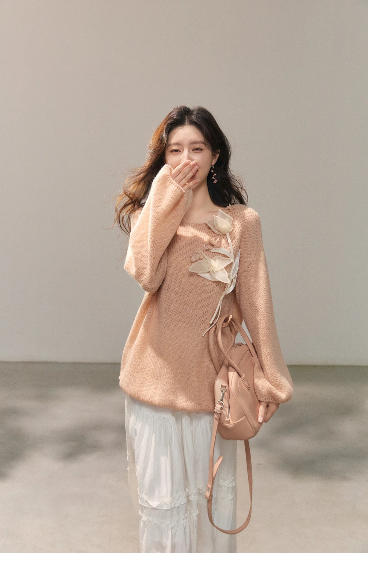 Mishow Pinkish Beige 3D Floral Applique Crew Neck Sweater MXE47Z2649
