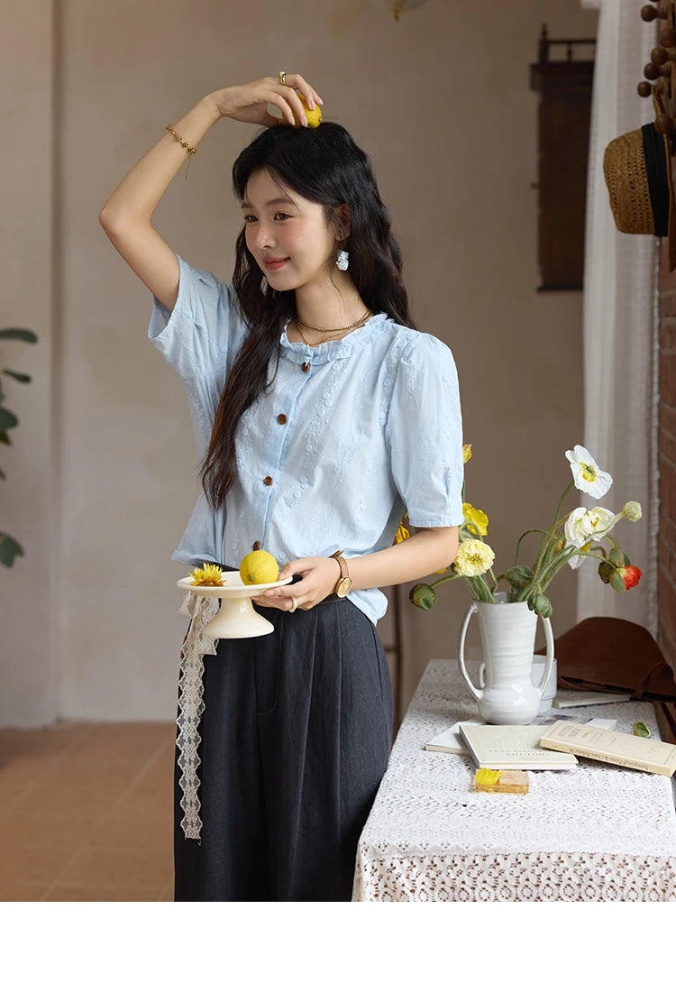 MISHOW 100% Cotton Puff Sleeve Shirt Round Neck Button MXE36X1873