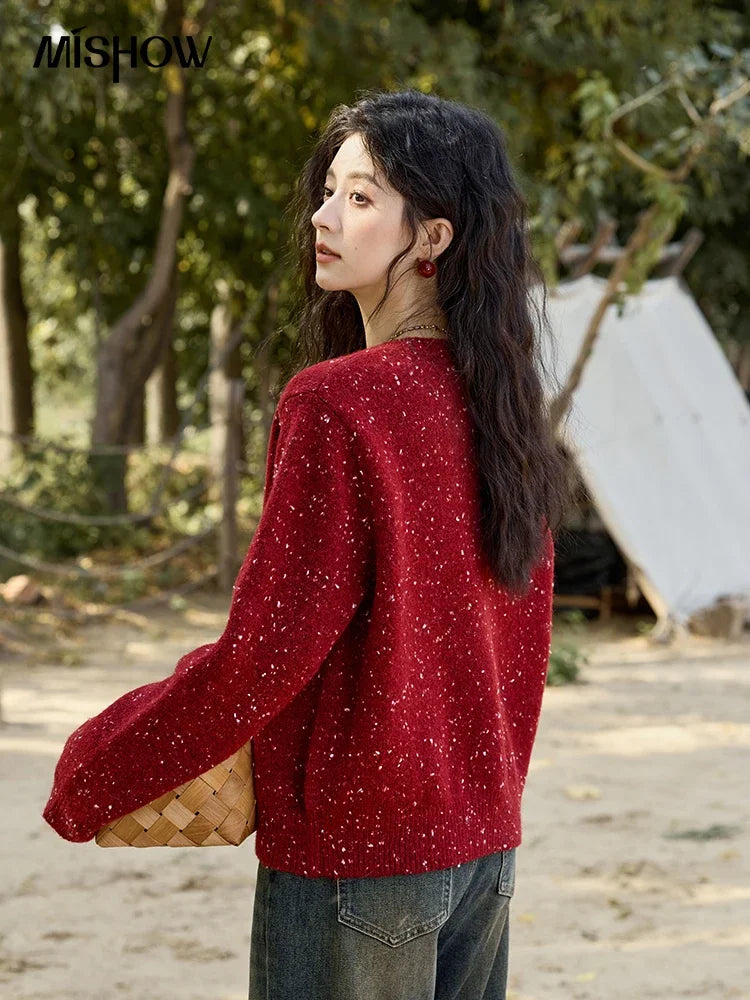 Mishow Smile Embroidery Contrast Color Wool Cardigan MXD35Z0988