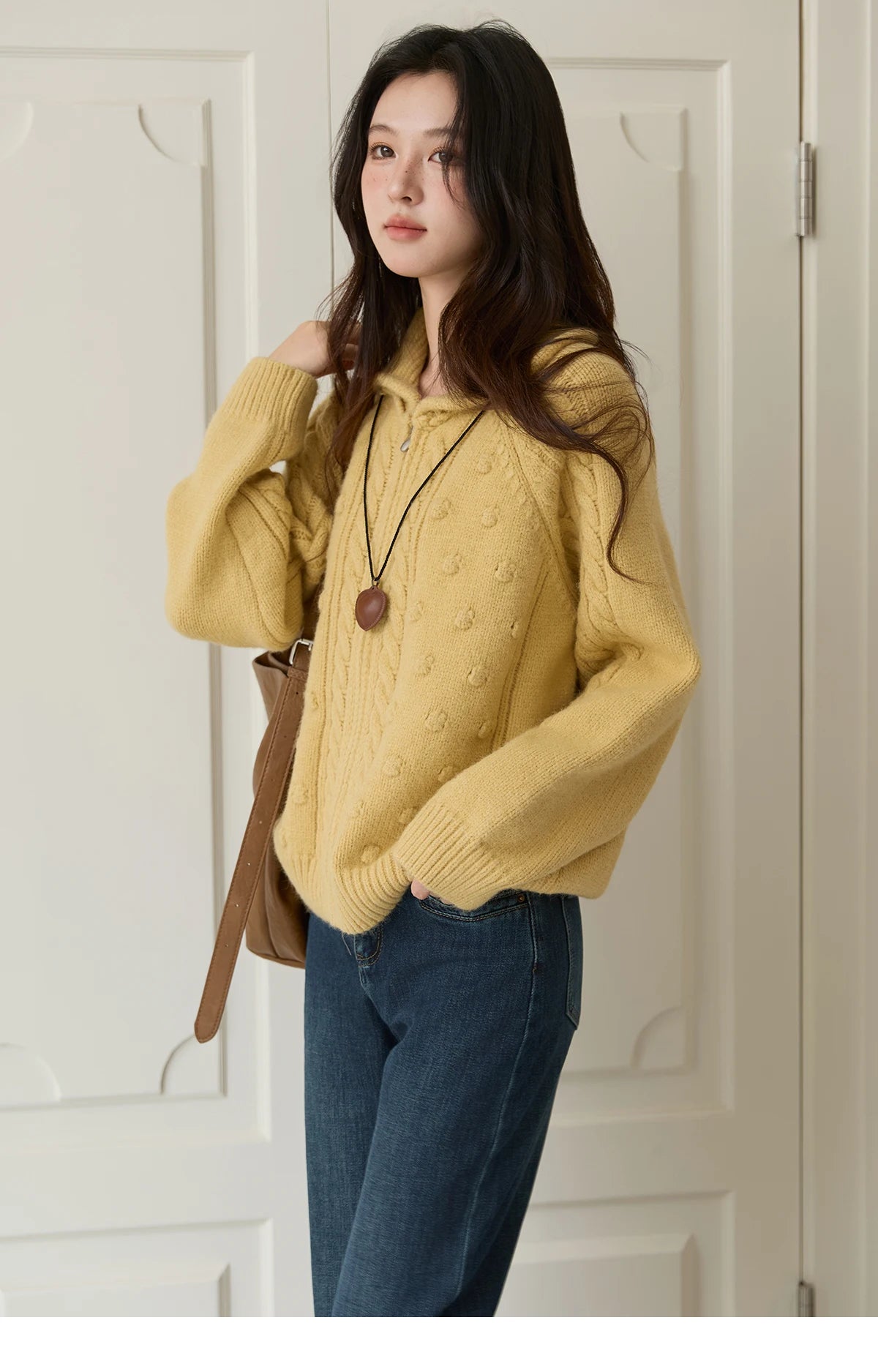 Mishow Yellow Zipper Turn-Down Collar Cardigan MXE49Z2619