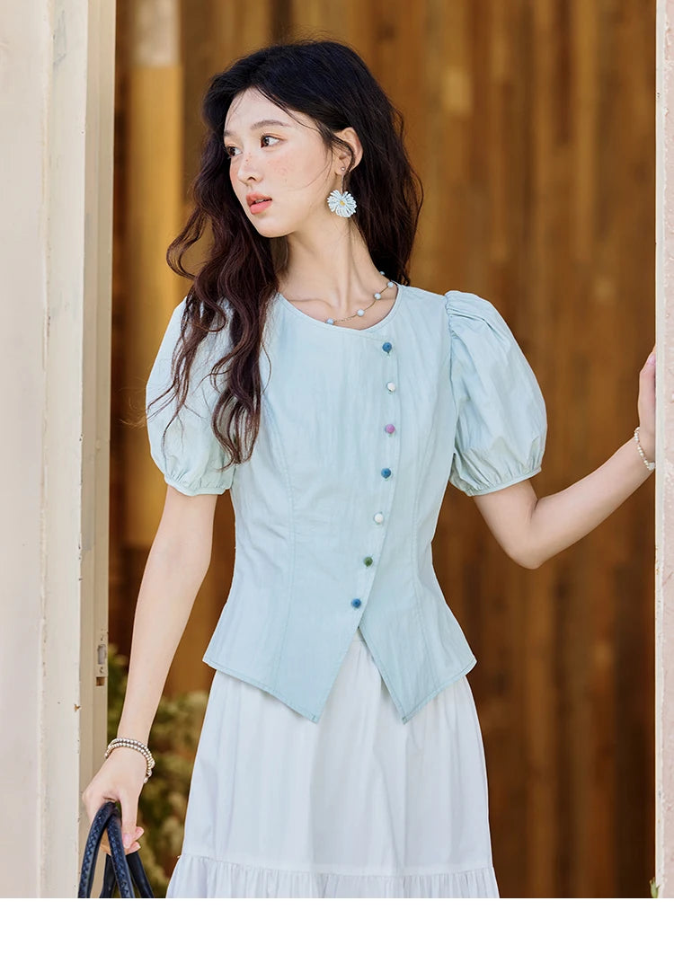 MISHOW Bubble Sleeve Blouse Irregular Placket Rainbow Buttons MXE34X1782