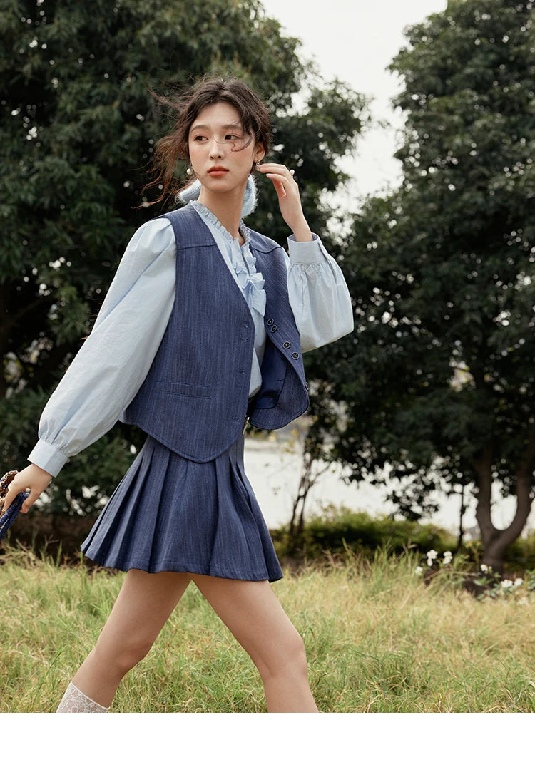 Mishow V-Neck Vest Coat & Pleated A-Line Skirt Set MXE31T0505