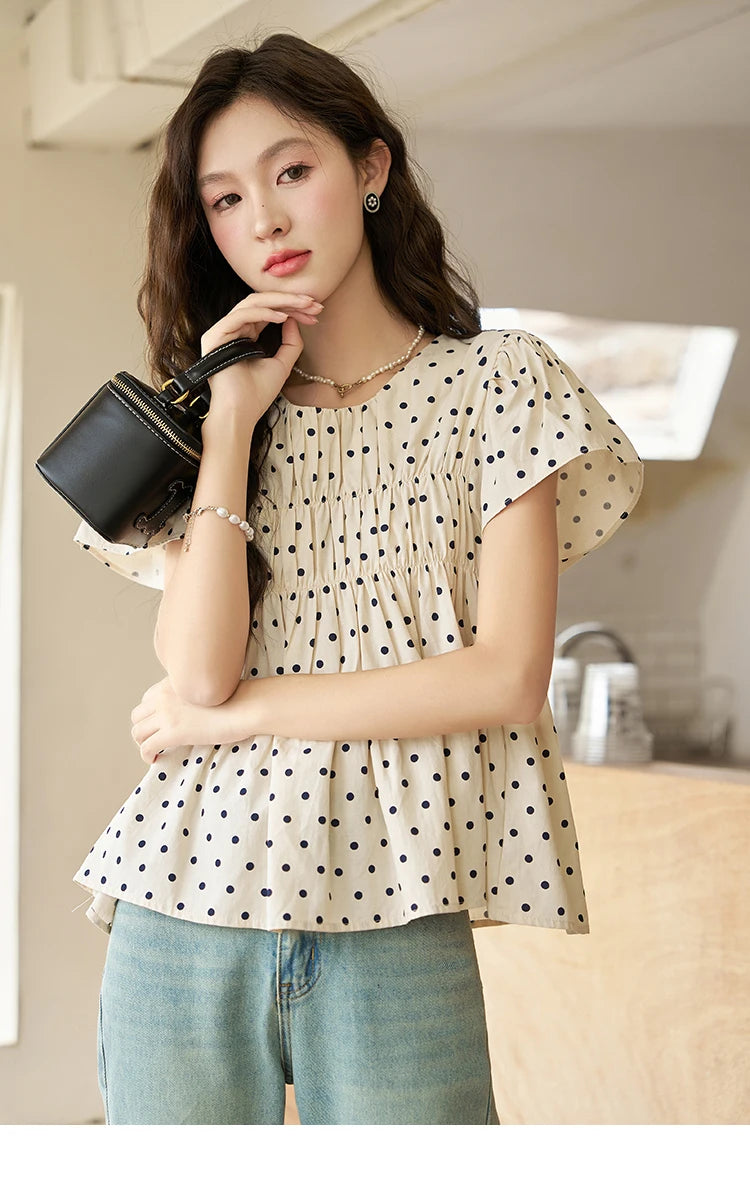 MISHOW Polka Dot Blouse Flying Sleeve O Neck Elastic Folds MXC39X1291
