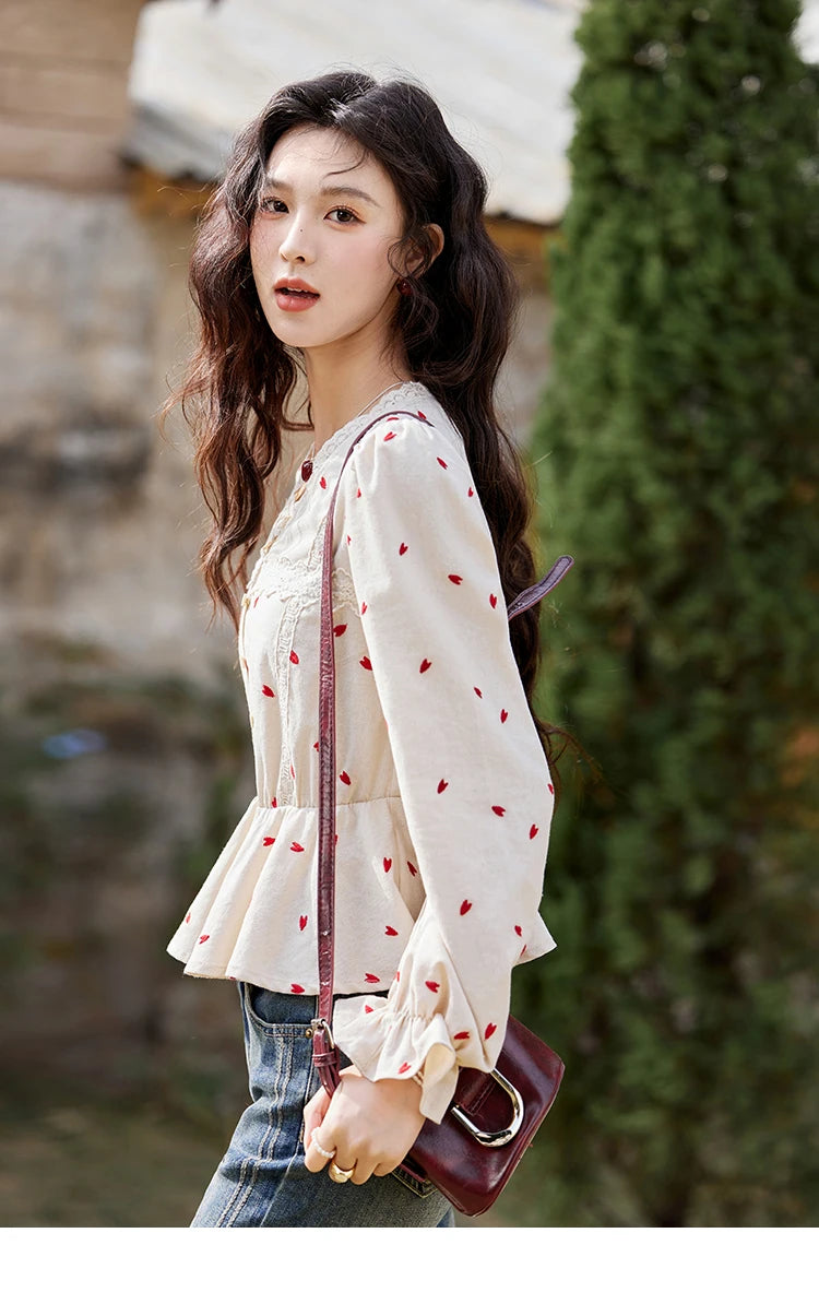 MISHOW Love Embroidered V-Neck Blouse Waist Ruffle MXE13X1700