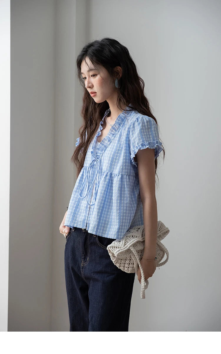 MISHOW Plaid Blue Fake Two Piece Blouse Puff Sleeve V-Neck Lace Up MXE37X1901