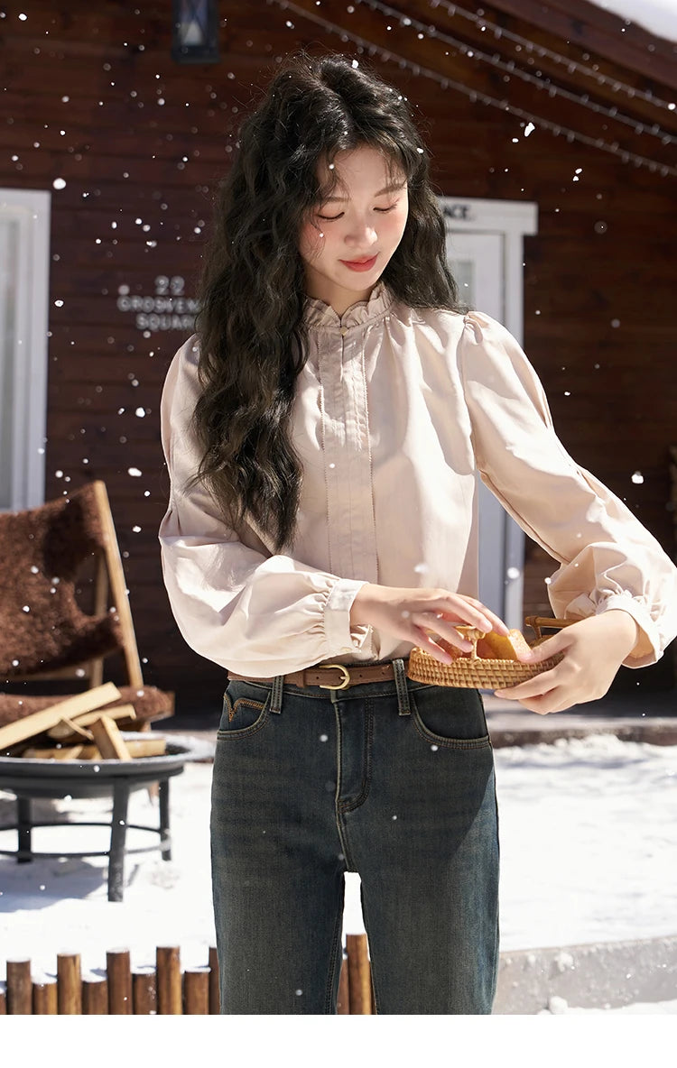 MISHOW Button Up Lantern Sleeve Shirt Ruffle Neck MXC56X1320