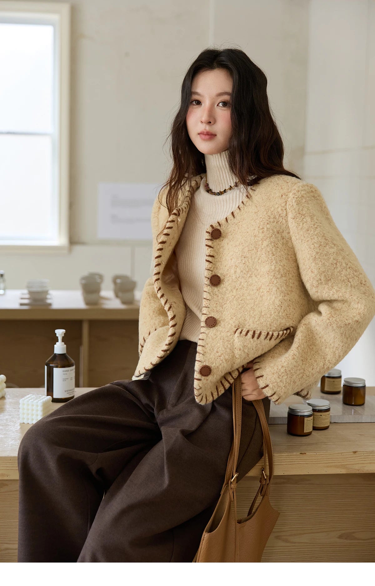 Mishow Apricot Round Neck Wool Blend Coat MXE88W0885