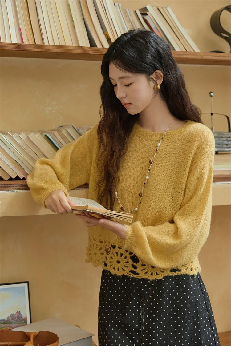 Mishow French Hollow Out Floral O-Neck Sweater MXE44Z2491