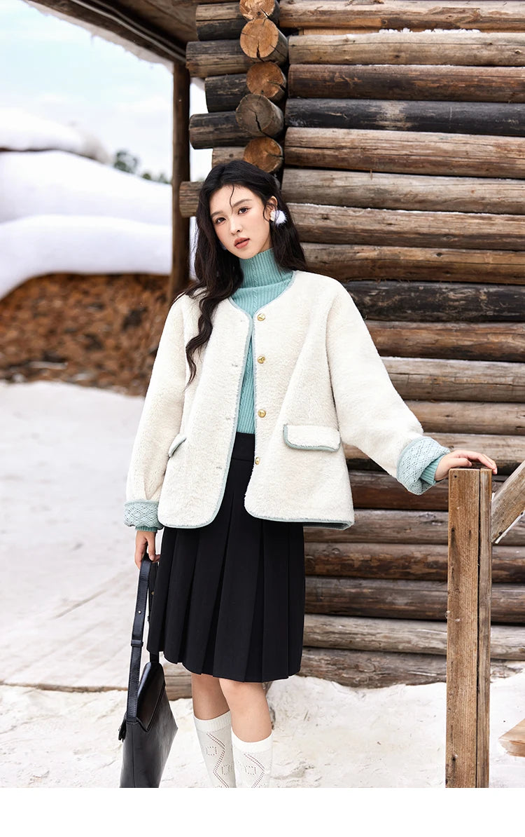 Mishow Lamb Wool Cuff Lace Metal Button Jacket MXD58W0740