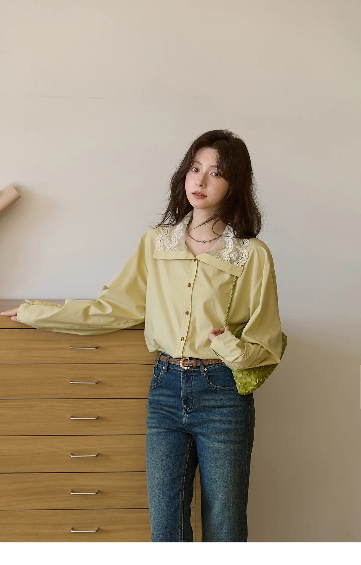 MISHOW Solid Cotton Shirt V-Neck Double Layer Lace MXE41C2366
