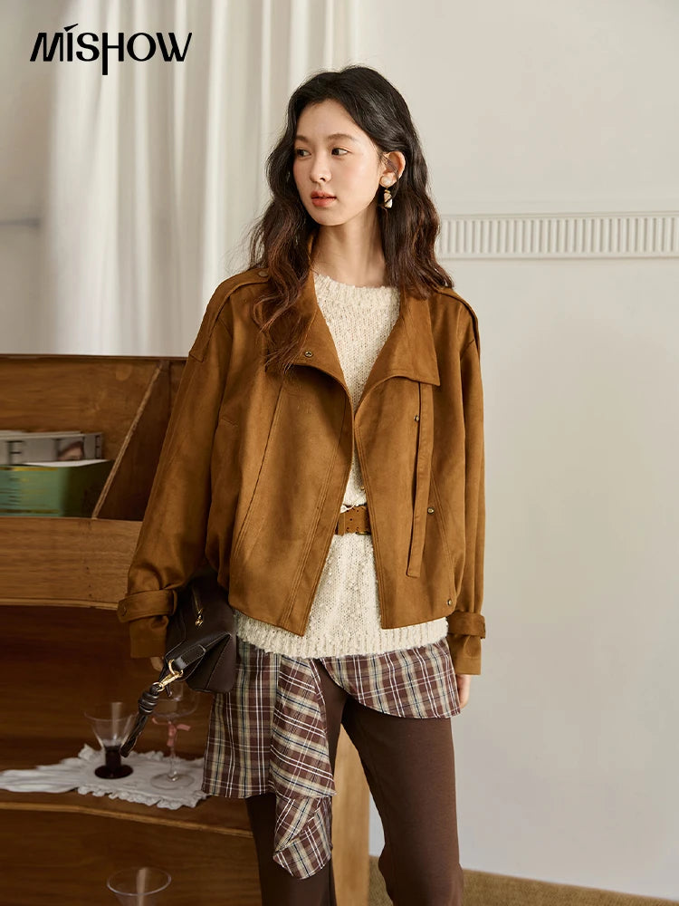 MISHOW Vintage Suede Short Jacket Brown Lapel Zipper MXE45W0869